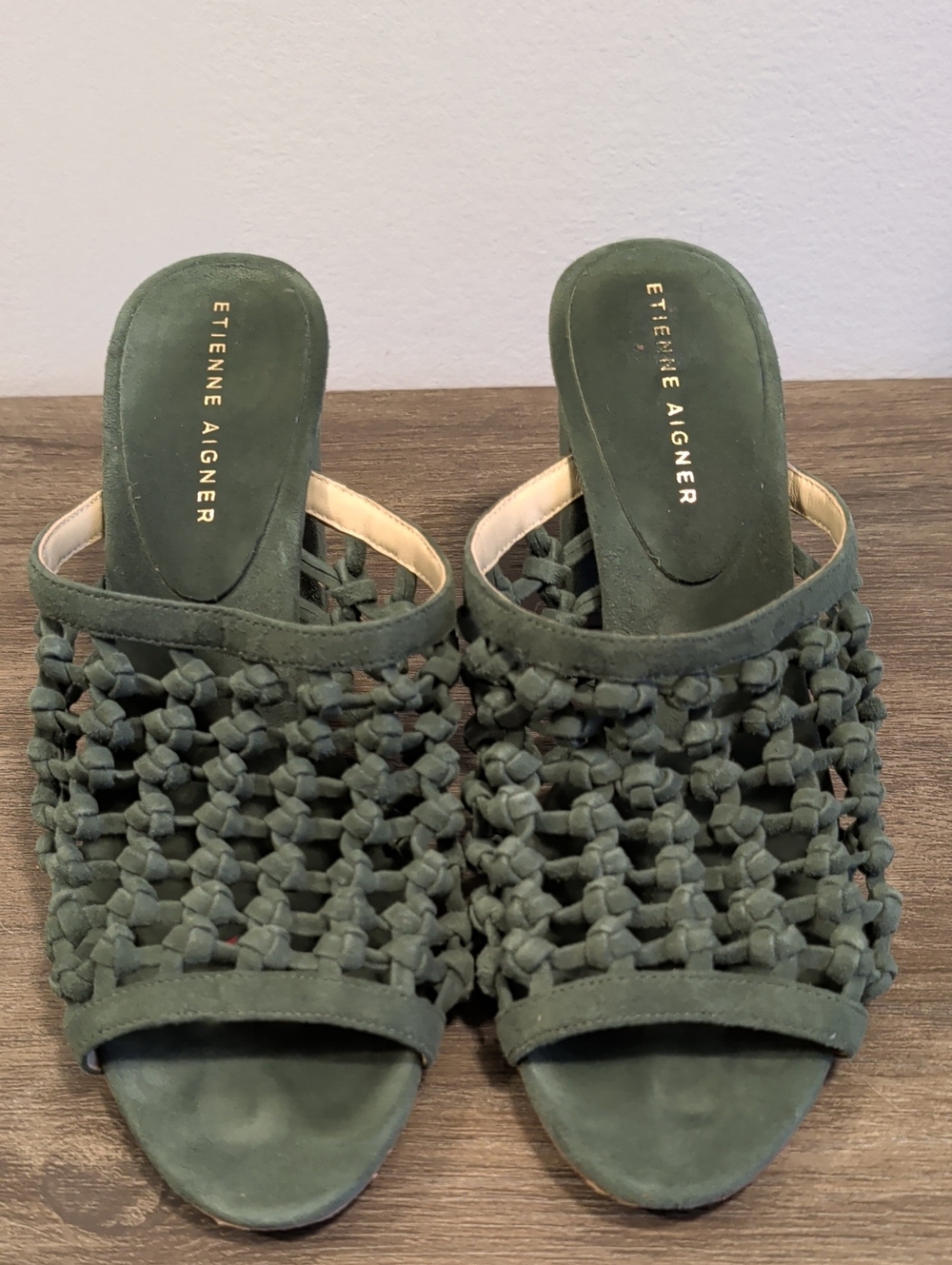 Etienne Aigner Olive Green Woven Suede Slide Mules